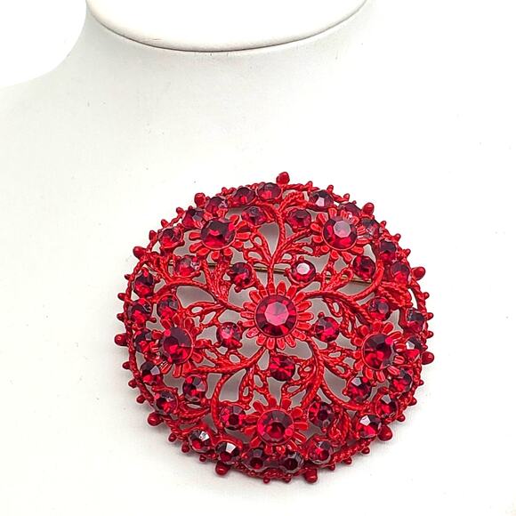 Large Round Red Rhinestone Brooch Enamel Floral Metal Pin Circle Cluster Dome - Picture 1 of 10